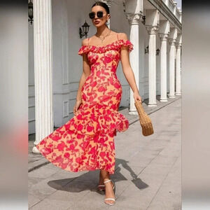 Women's Floral Print Off-Shoulder Neckline Ruffle Trim Cami Dress